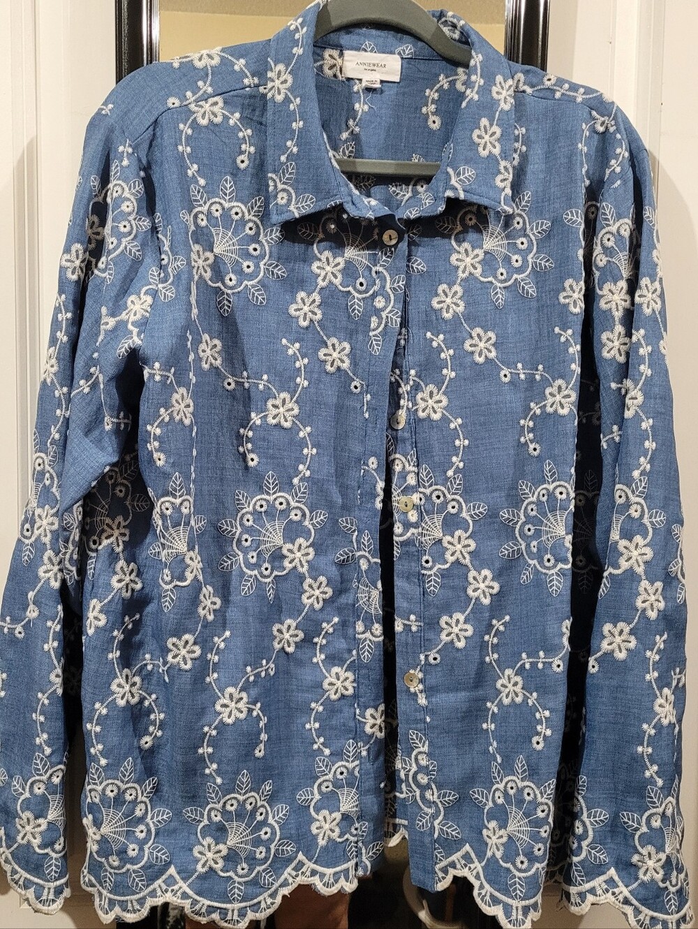 Women’s Blue Embroidered Floral Denim Top -